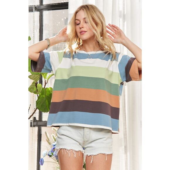 ADORA Multi Color Stripe Print Short Sleeves Round Neck Casual Top | Sage/Olive - Picture 3 of 6